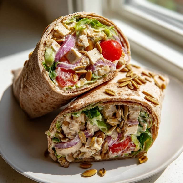 Close-up of a perfectly rolled High-Protein Chicken-less Caesar Wrap, showing the creamy Caesar dressing and fresh ingredients.