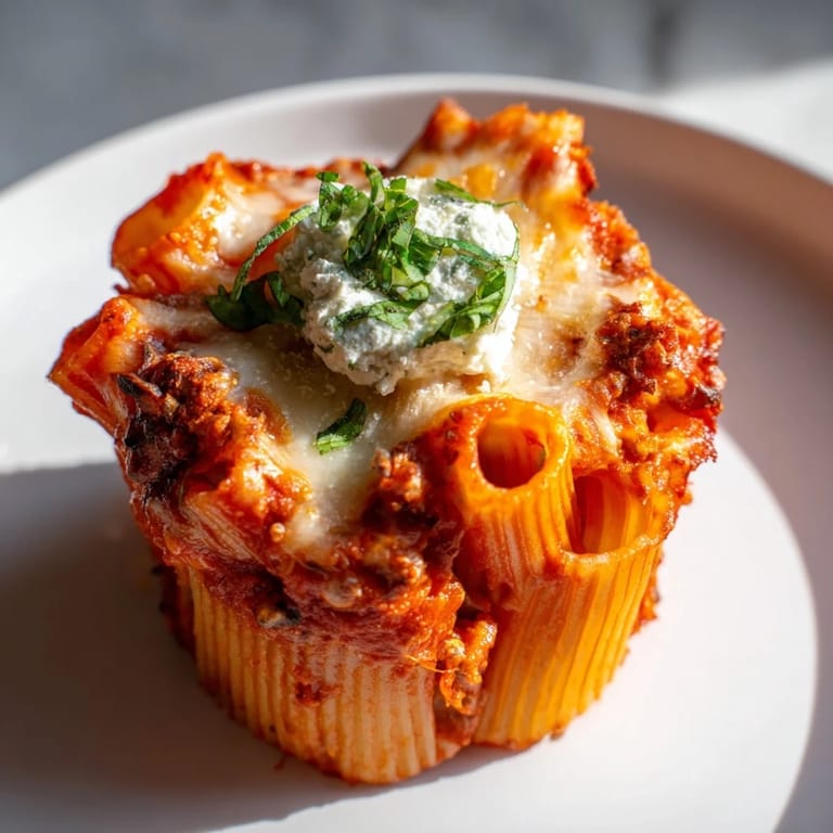 Delicious, individual Baked Ziti Cups, baked to perfection, boast a rich tomato sauce and plenty of mozzarella.