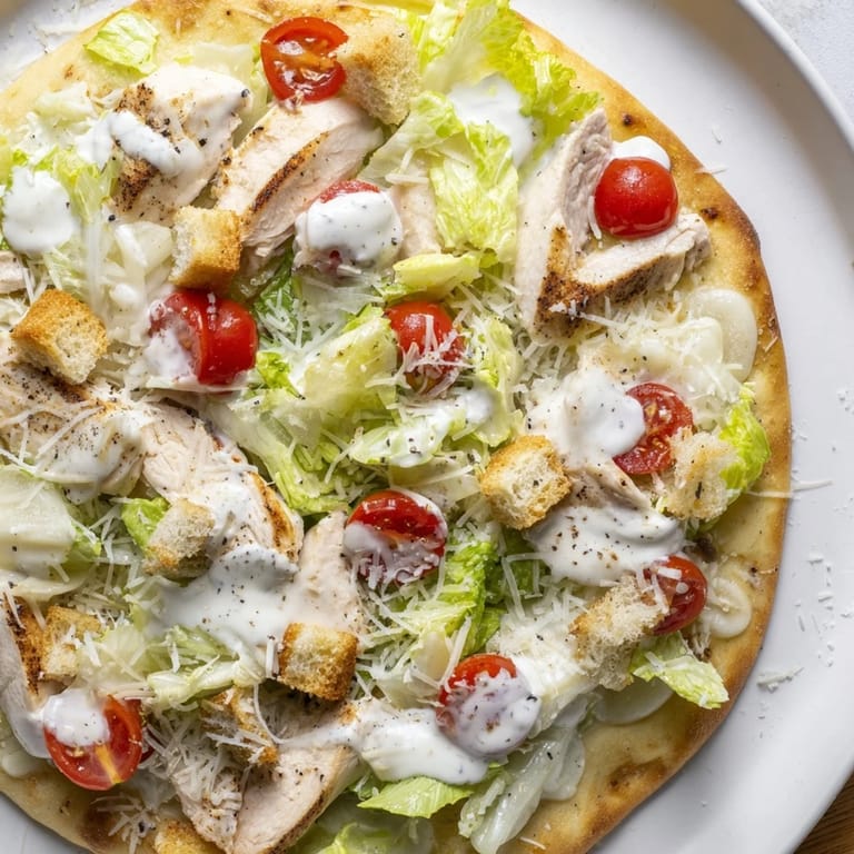 Enjoy a delicious piece of Chicken Caesar Flatbread, with melted mozzarella and fresh, crisp romaine lettuce.