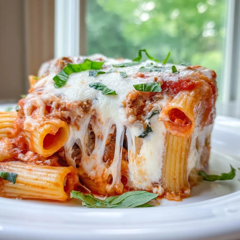 A close-up of cheesy baked ziti, showing layers of pasta, cheese, and rich marinara sauce, steaming hot.