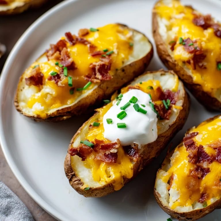 A close-up of delicious Loaded Baked Potato Skins, showcasing creamy sour cream and fresh chives.
