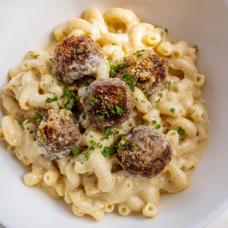 A hearty Mac & Cheese Meatball Bake, featuring a rich cheese sauce and perfectly browned meatballs, steaming hot.