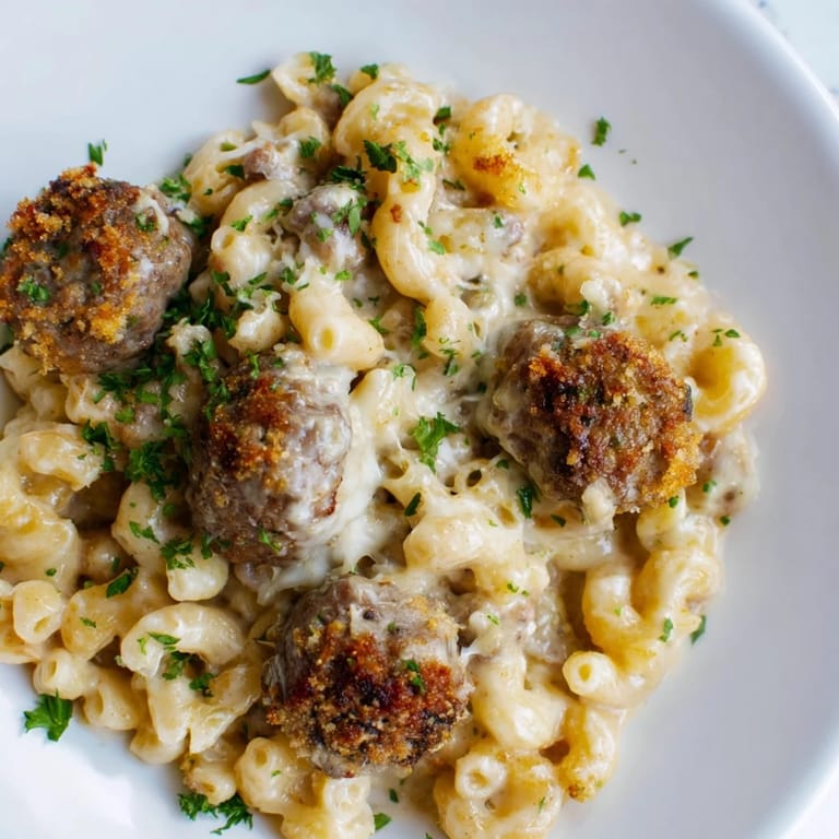 Close-up of a bubbling Mac & Cheese Meatball Bake, showcasing the creamy cheese and juicy meatballs beneath.