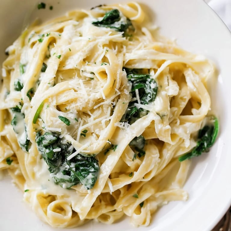 Freshly made Creamy Spinach Fettuccine Alfredo with herbs, perfect for a cozy Italian dinner.