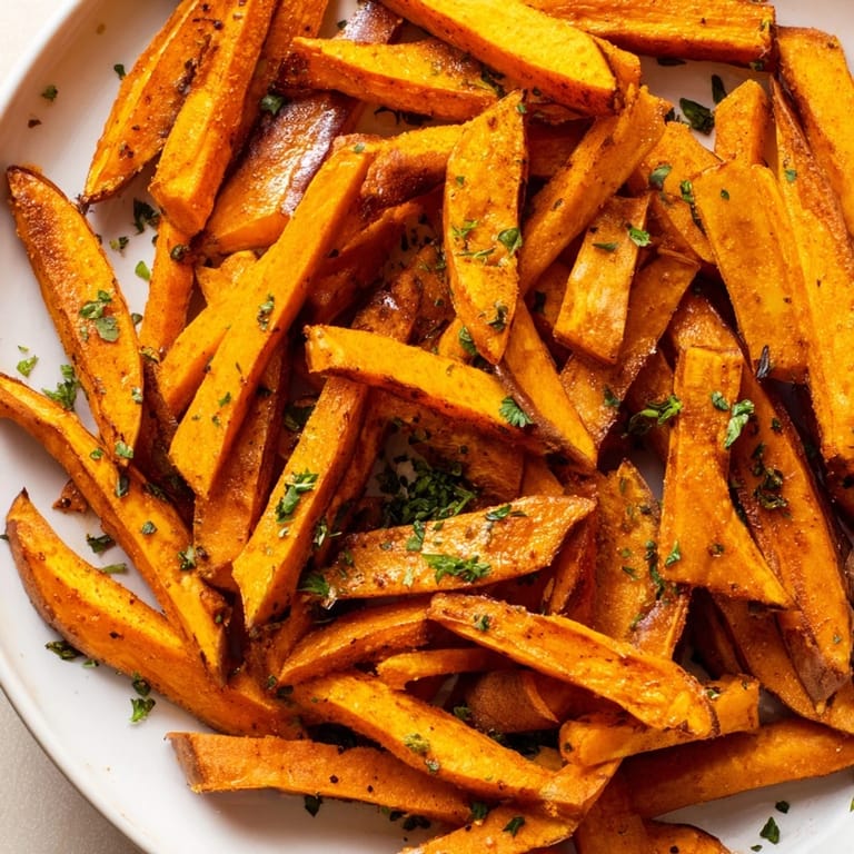 Close-up of a plate of Cajun spiced sweet potato fries with a visible, delicious, crispy texture.