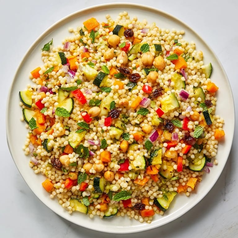 A bright bowl of Moroccan Couscous Salad, showing off roasted vegetables and a zesty lemon dressing.
