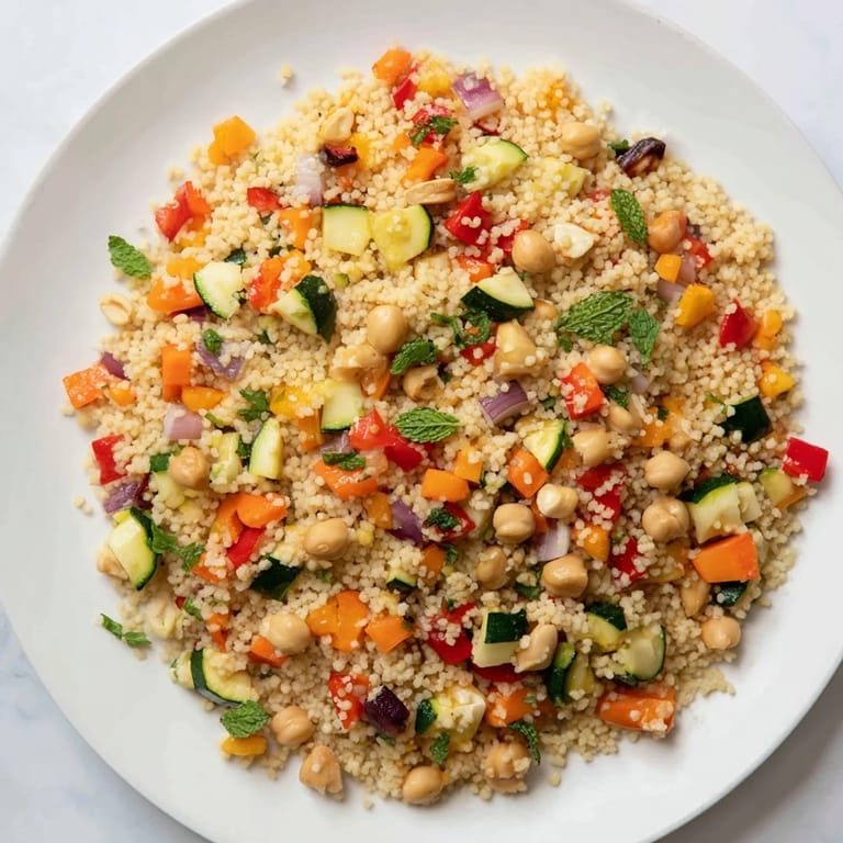 Close-up of a flavorful Moroccan Couscous Salad, highlighting the couscous and vibrant ingredients.