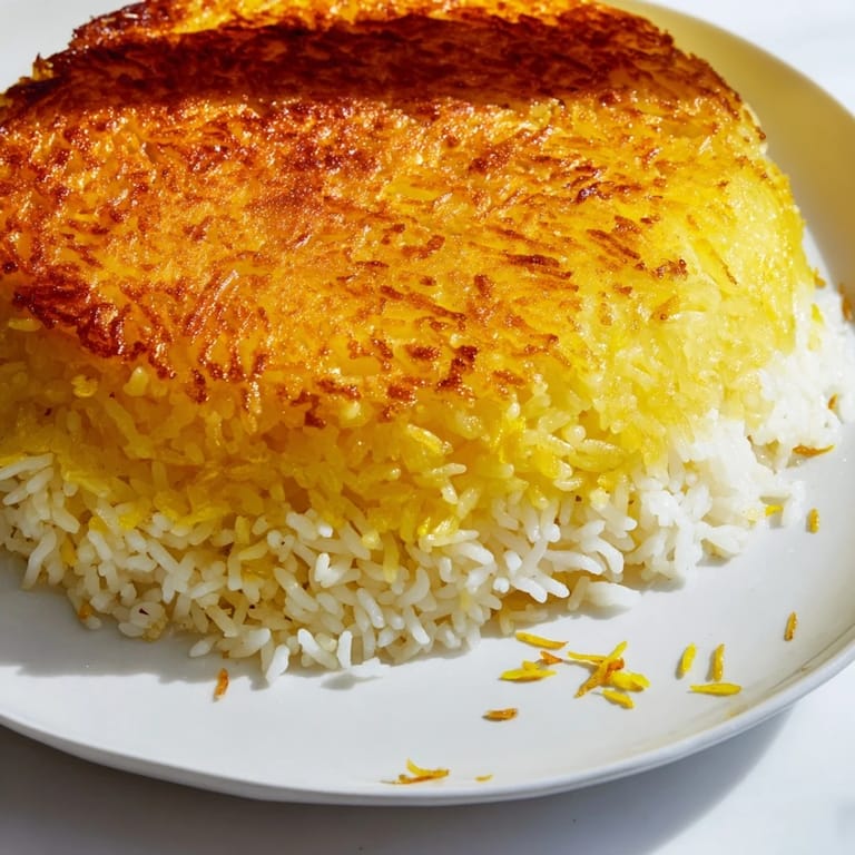 Delicious, golden-brown Tahdig rice featuring a crispy yogurt crust with the aroma of saffron.
