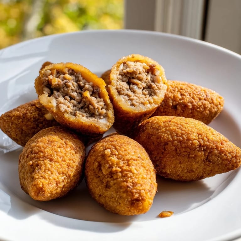 A close-up of perfectly fried Lebanese Kibbeh showing its flaky, spiced meat exterior.
