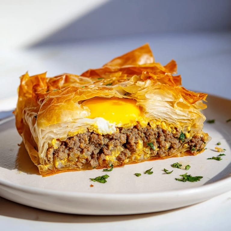 Freshly made Tunisian brik: phyllo pastry with a warm, spiced meat filling, ready to enjoy.