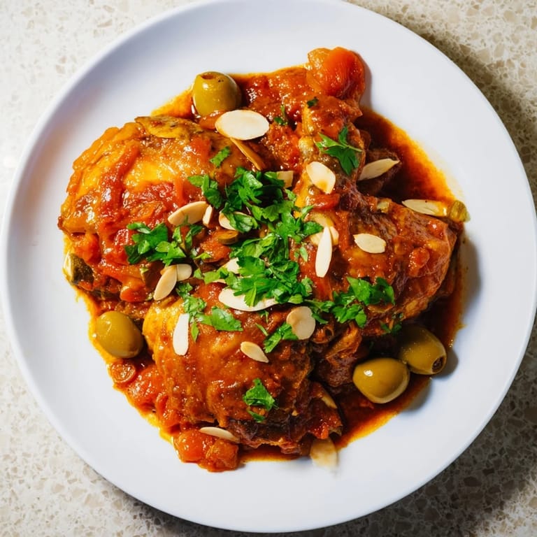 Vibrant colors show the rich, complex sauce clinging to the chicken in this Moroccan Tagine.