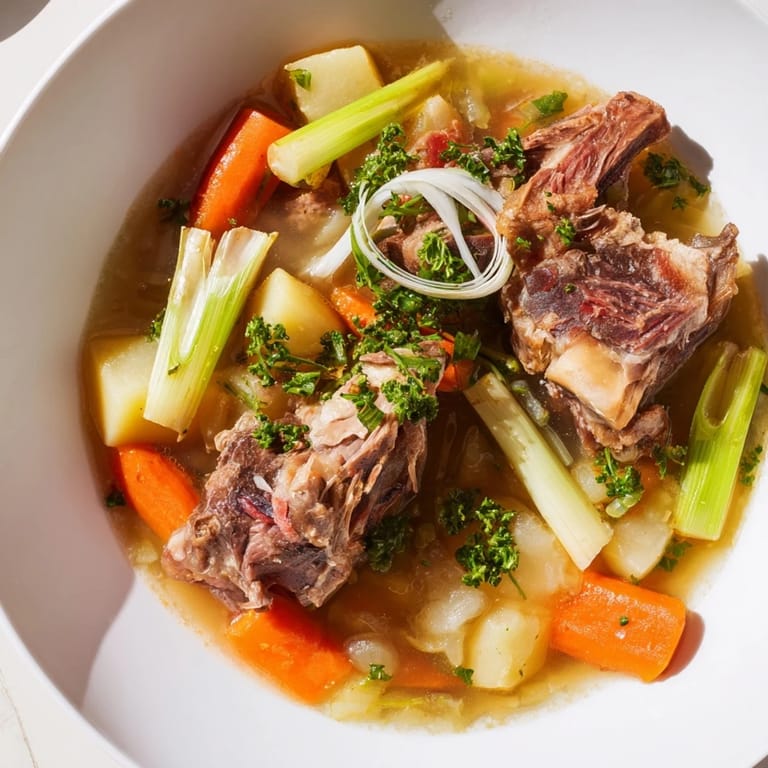 A steaming bowl of Welsh Cawl stew, showcasing fall-apart lamb and vibrant carrots, perfect for a cozy supper.