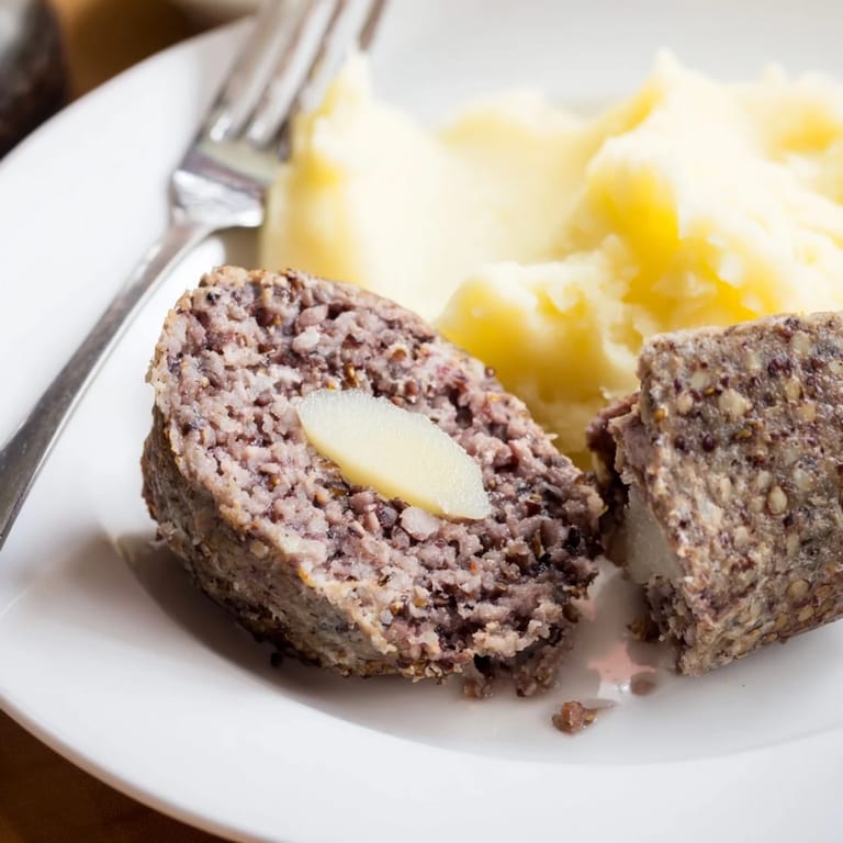A close-up of a steaming plate of authentic Scottish haggis, a traditional, hearty dish.