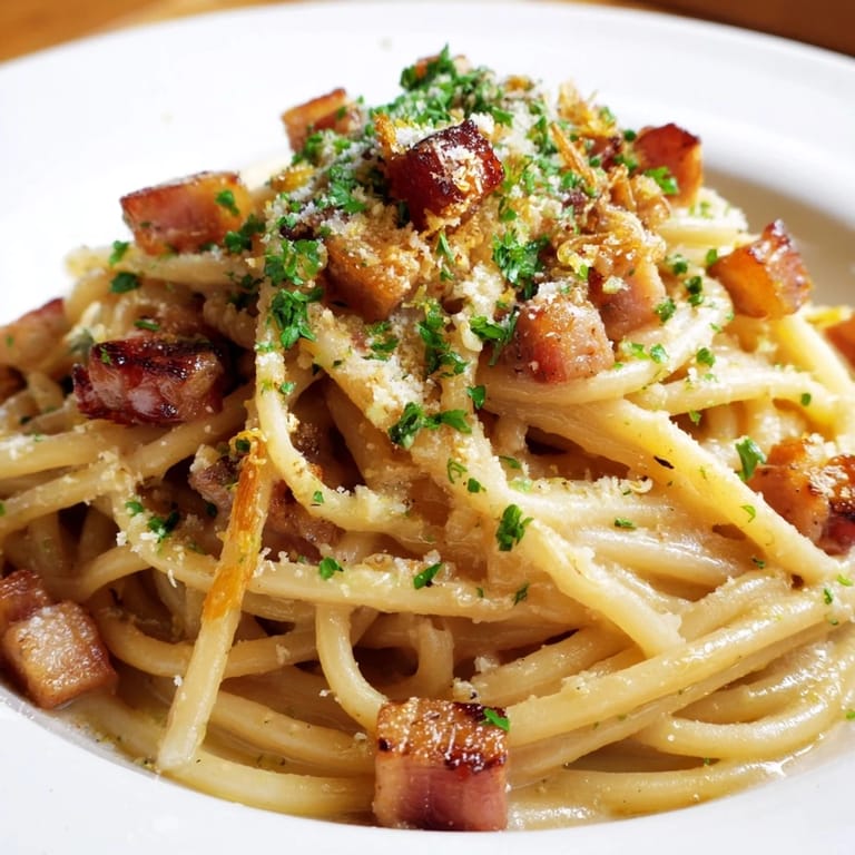 This inviting photo shows creamy Crispy Bacon Linguine, ready to serve with Parmesan cheese.