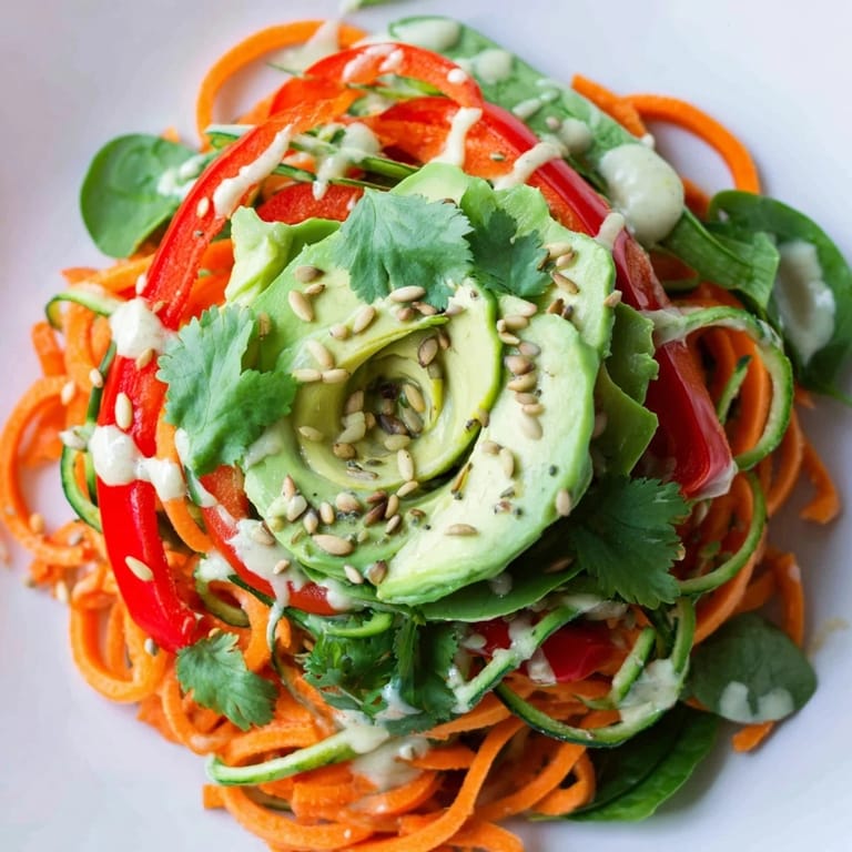 A delicious Carrot Noodle Skincare Bowl, featuring vibrant spiralized carrots and creamy avocado, perfect for a light meal.