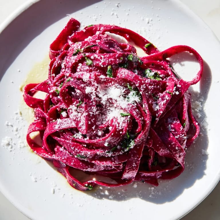 Close-up on the perfectly cooked Beet Noodle Pasta, tossed in butter and herbs, a delicious vegetarian dish.