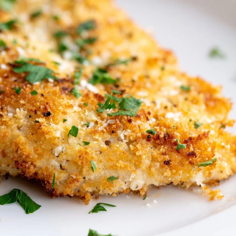 Juicy baked chicken coated in a golden garlic Parmesan crust, garnished with fresh parsley for color.