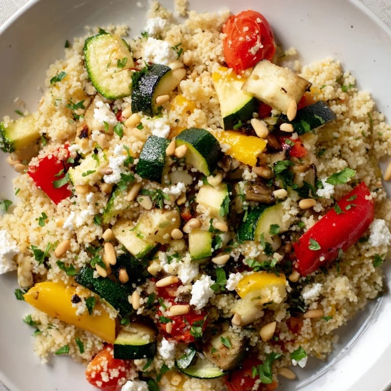 Warm Mediterranean Roasted Veggie Couscous Salad garnished with fresh herbs, crumbled feta, and toasted pine nuts.