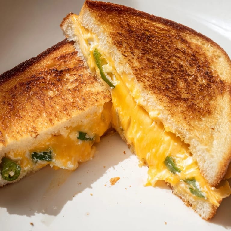 A close-up of a buttery, crispy sourdough grilled cheese stuffed with spicy jalapeños and rich cream cheese blend.