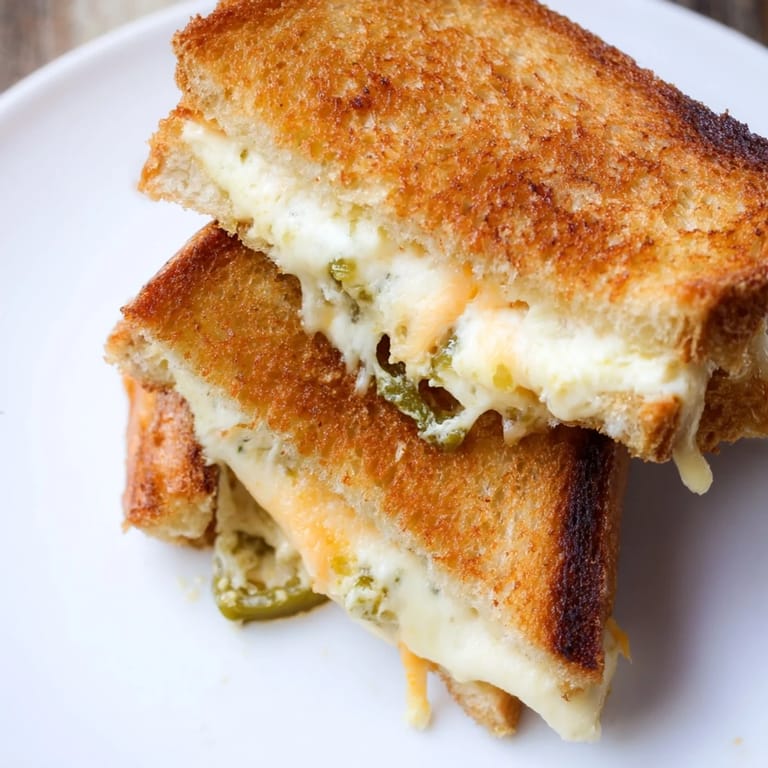 Serving suggestion for Jalapeño Popper Grilled Cheese, cut diagonally and paired with a bowl of tomato soup.