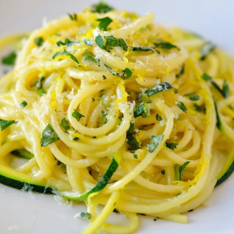 This Lemon Zucchini Pasta, served in a white bowl, features tender zucchini ribbons and a glossy, herb-flecked sauce.