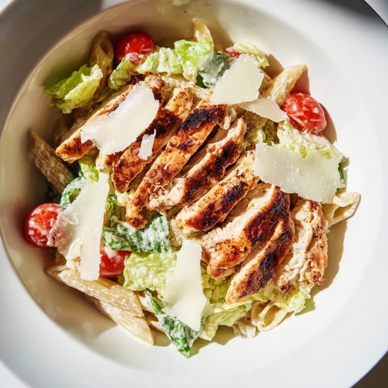 Freshly made Spicy Chicken Caesar Pasta topped with golden chicken, crunchy croutons, and shaved Parmesan cheese.