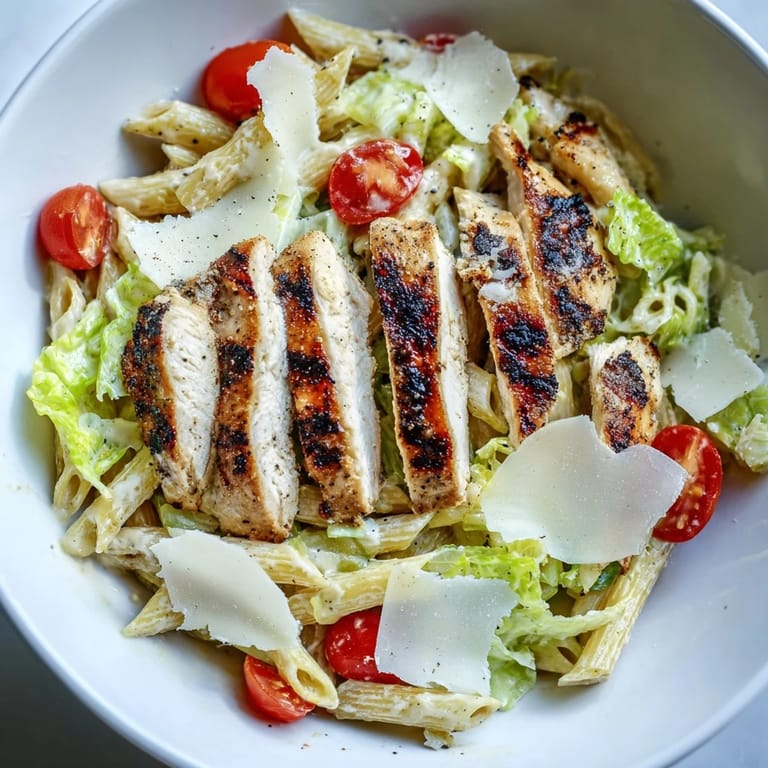 Hearty Spicy Chicken Caesar Pasta served with zesty lemon wedges, crisp romaine, and a drizzle of Caesar.