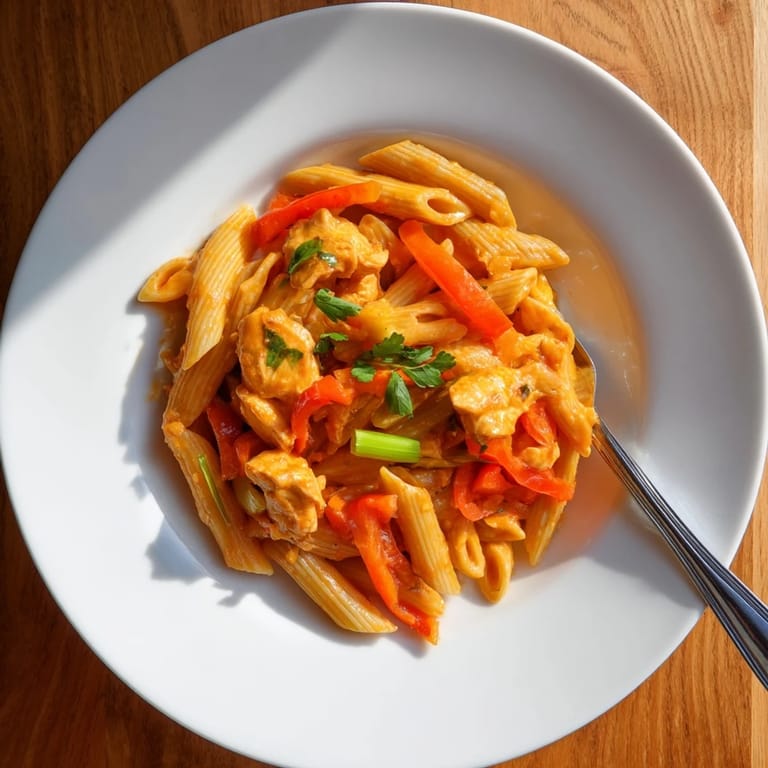 Tender chicken pieces and penne pasta coated in a creamy, reddish-pink sweet chili sauce, with crisp red bell pepper strips.