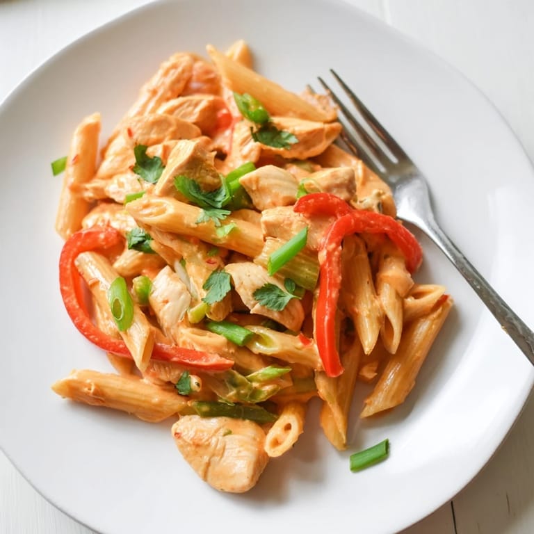 A warm skillet of Sweet Chili Chicken Pasta, steam rising, next to a glass of white wine and fresh lime wedges.