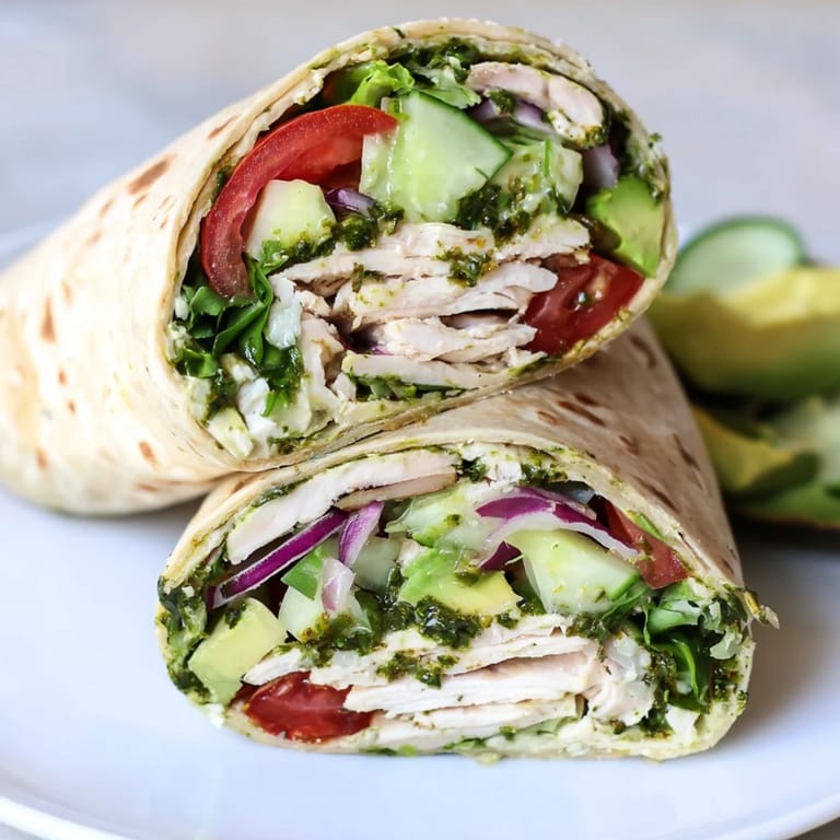 Sliced chimichurri chicken salad wrap on a rustic board, served with lemon wedges.