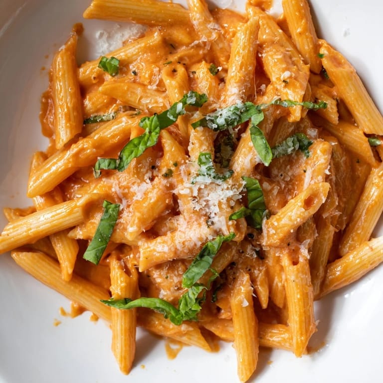 A close-up view of Creamy Roasted Red Pepper Pasta, with steam rising from the rich, creamy sauce and grated Parmesan.