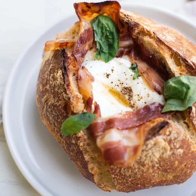 Crispy prosciutto and creamy burrata grilled cheese, sliced diagonally to reveal the melty, luscious cheese filling.