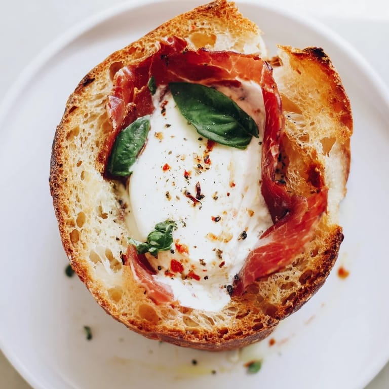 A close-up of a crispy prosciutto and burrata grilled cheese, garnished with fresh basil on a rustic plate.