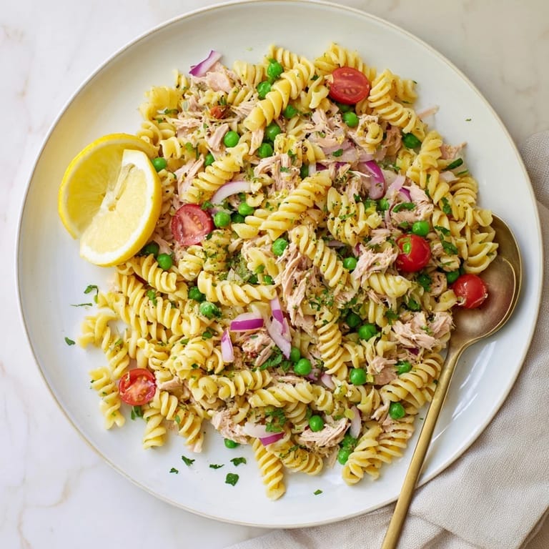 A refreshing Lemony Tuna Pasta Salad served in a white bowl, perfect for a light summer lunch or picnic.  