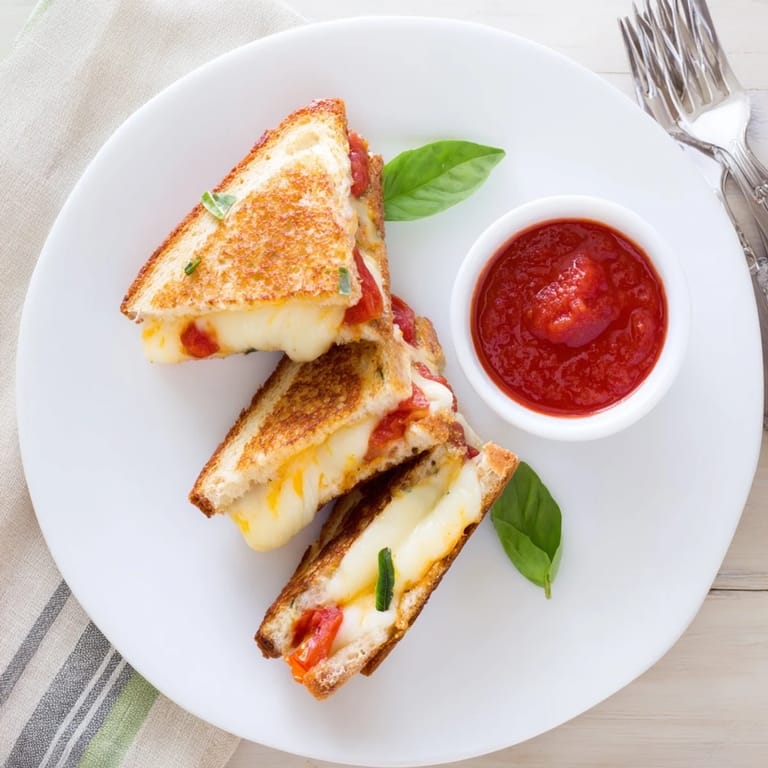 Close-up of Caprese Grilled Cheese Dippers showing melted mozzarella and basil between crispy sourdough, perfect for dipping in warm marinara.