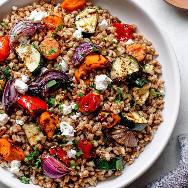 Savory farro with tender, roasted seasonal vegetables and fresh parsley topping.