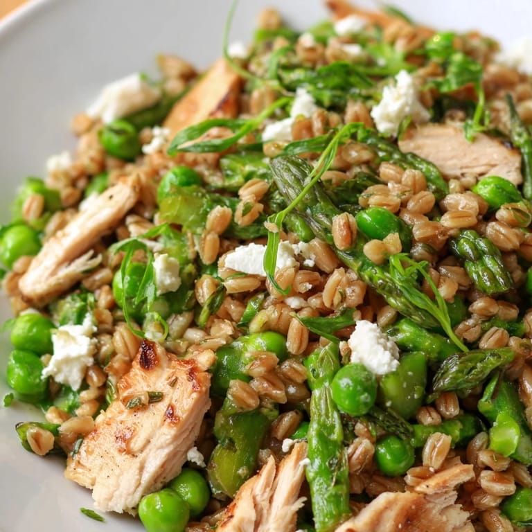 A wholesome bowl of Warm Spring Farro Chicken Salad featuring juicy sliced chicken, chewy grains, crisp greens, and a sprinkle of crumbled feta and herbs.