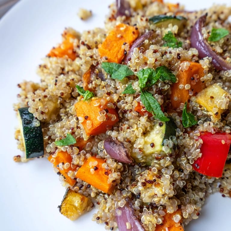 Aromatic Quinoa Vegetable Pilaf topped with juicy roasted cherry tomatoes and a bright squeeze of lemon juice.
