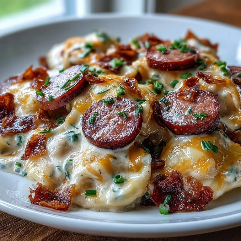 Creamy Crockpot Pierogi Casserole With Kielbasa served steaming in a bowl with fresh chives for garnish.
