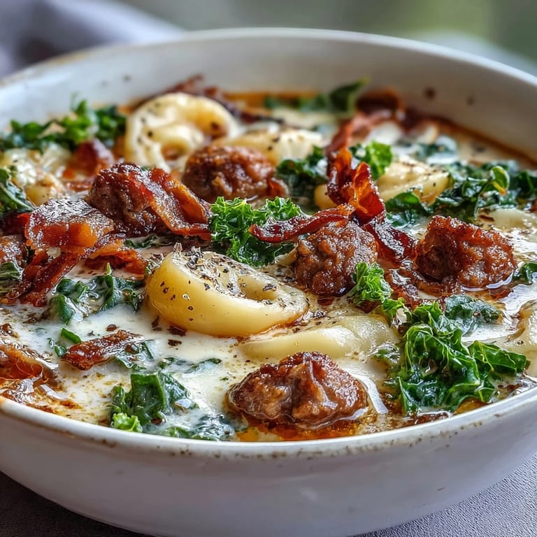 Hearty Italian Sausage Soup features browned sausage, kale, and potatoes in a creamy broth, perfect for a cozy dinner.