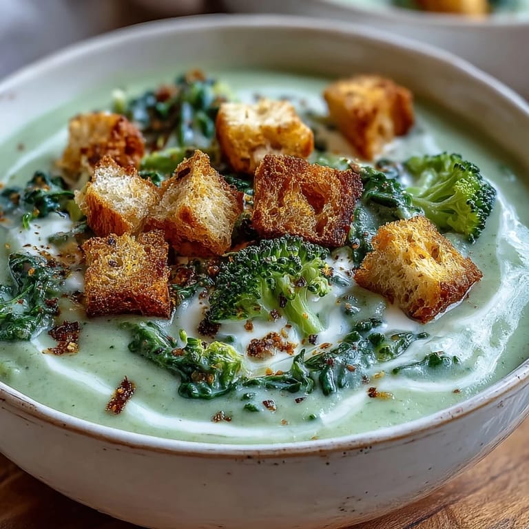 Warm Cauliflower and Broccoli Soup in a white bowl, finished with fresh croutons and herbs on top.