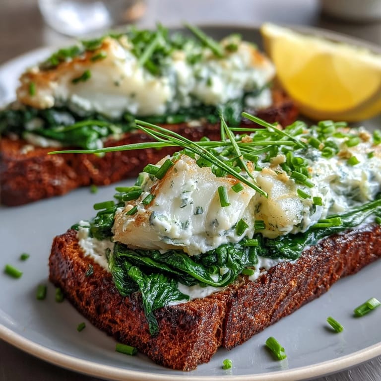 Smoked Haddock and Spinach Rye Toasts with crispy bread, tender fish, and bright lemon wedges on the side for serving.