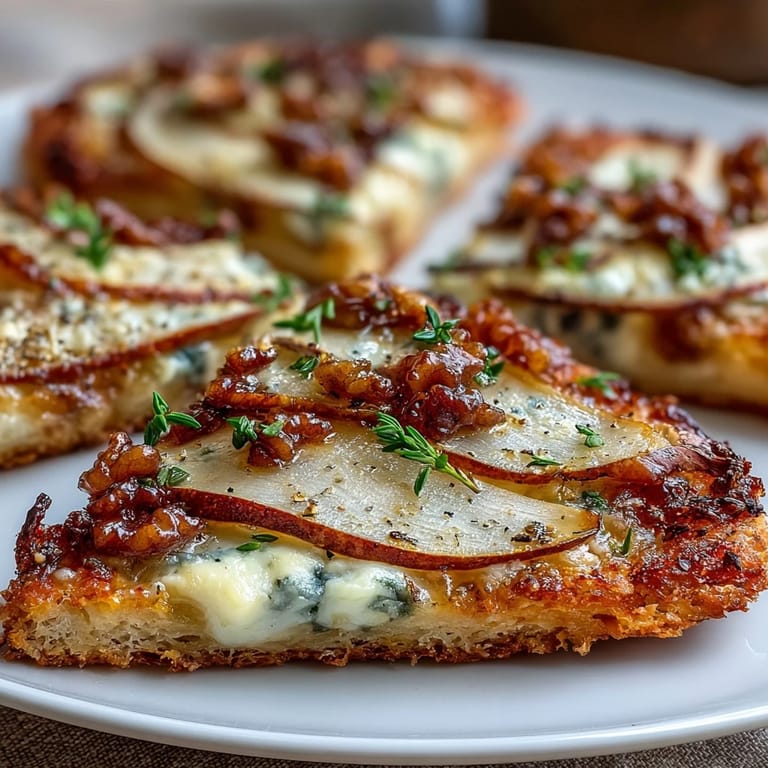Close-up view of warm Pear, Gorgonzola, and Pickled Walnut Pizzettes with crumbled cheese, sliced walnuts, and a light honey drizzle on a rustic tray.