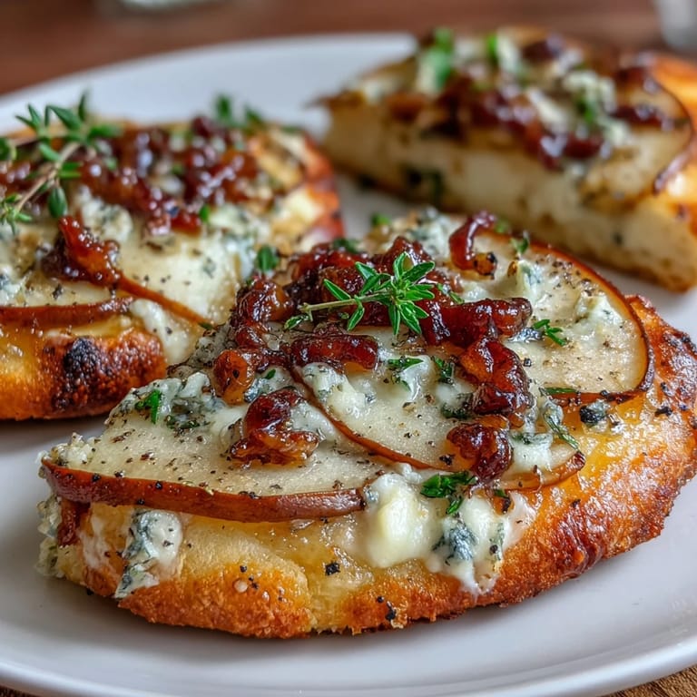 Appetizer-sized Pear, Gorgonzola, and Pickled Walnut Pizzettes topped with fresh arugula leaves, served on a white platter with a glass of crisp white wine.