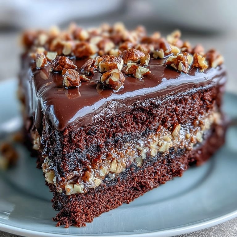 Served on a dessert plate, the chocolate celebration cake glistens with silky ganache and sparkling praline shards.