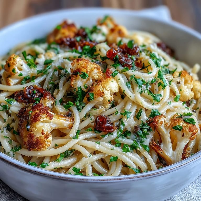 Close-up of Cauliflower, Anchovy and Raisin Spaghetti topped with fresh parsley and lemon zest, ready for a quick, healthy family dinner.