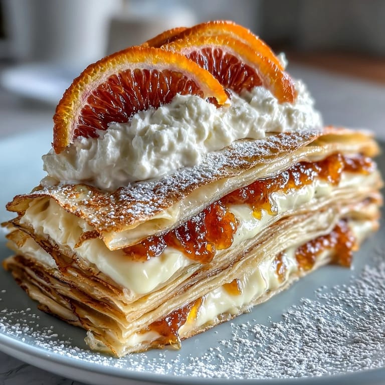 A chilled slice of Blood Orange Curd Crêpe Cake served with fresh orange zest and edible flowers.