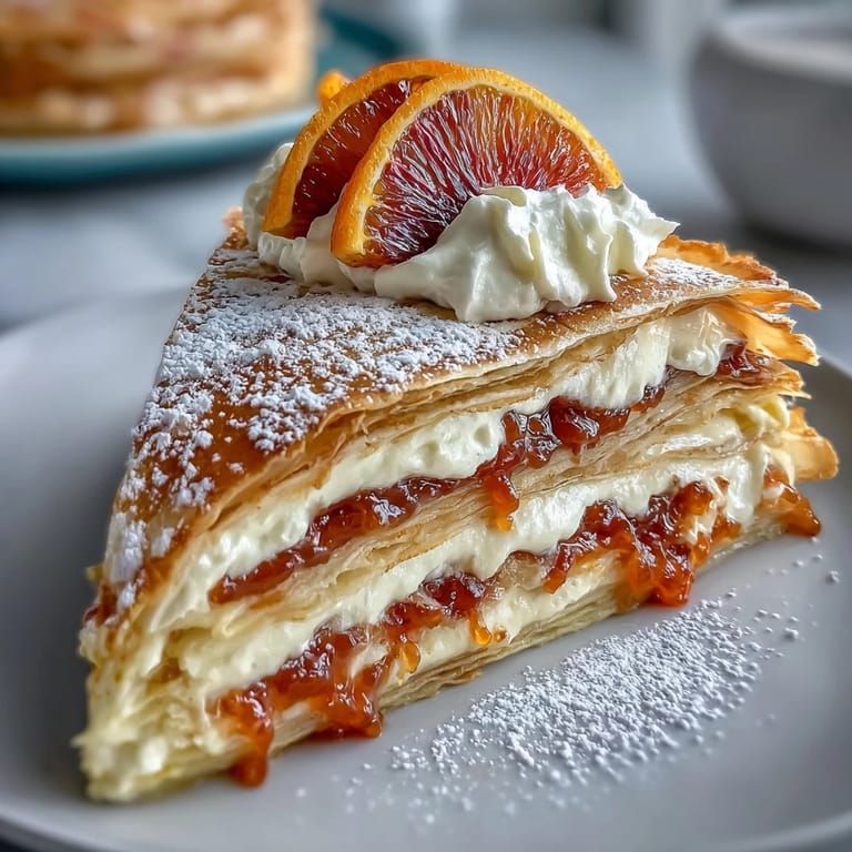 Layered Blood Orange Curd Crêpe Cake on a plate, featuring golden crêpes and tangy, silky orange curd filling.