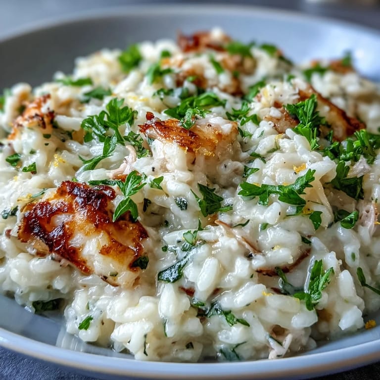 Golden-hued Smoked Haddock Risotto with tender flaked fish, Arborio rice, and melted Parmesan in a skillet.