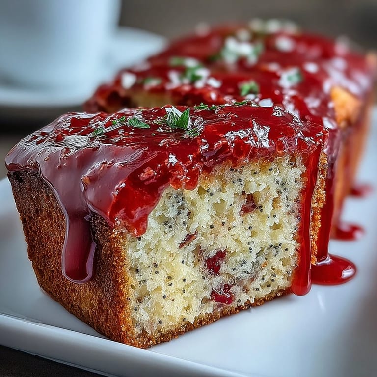 A close-up of Blood Orange Loaf Cake with poppy seeds, drizzled with a glossy blood orange glaze, served on a rustic wooden board.